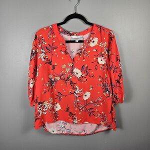 Alex & Parker V Neck Red Floral Print Blouse Women's Size Large 3/4 Sleeve